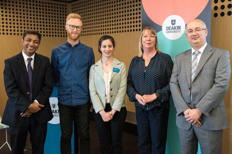 From left: Dr Shuddha Rafiq, Associate Dean-Research Josh Newton, Farah Beaini, Dr Gillian Sparkes, Professor Mehmet Ulubasoglu.
