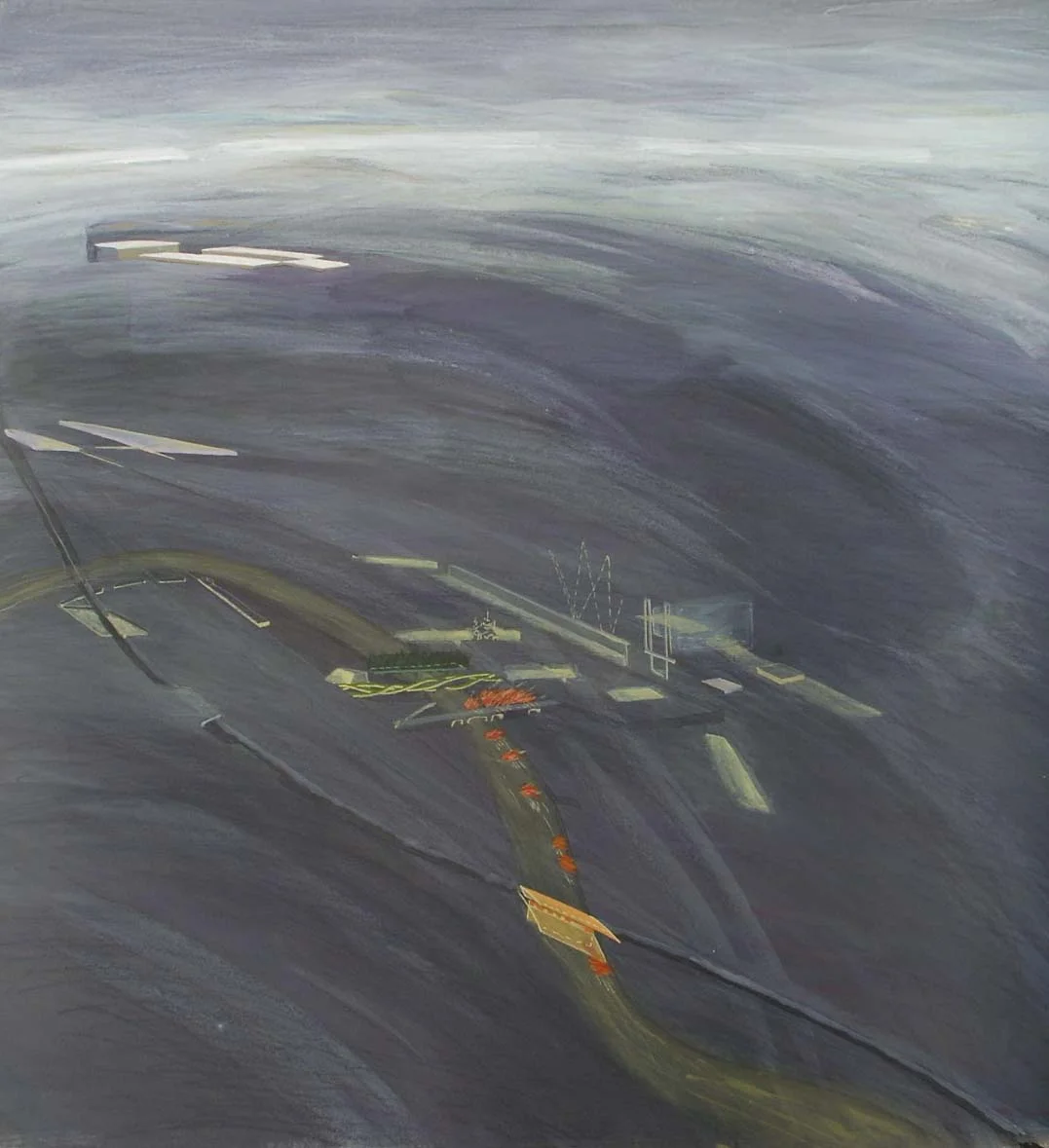  a painting of an interminable grey-fog lingering low over the city and thames, broken only by the lights of new structures 