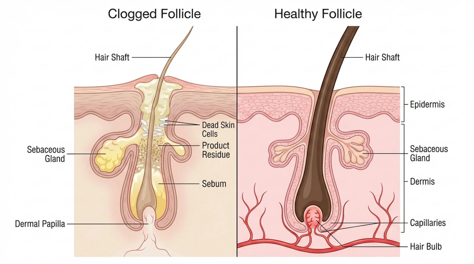 A detailed medical diagram comparing clogged and healthy scalp follicles showing hair growth differences.