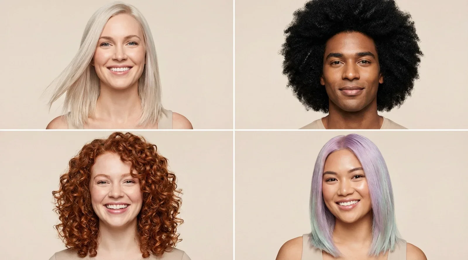 A collage of four diverse hair types showing healthy and well-cared-for hair in a neutral background.