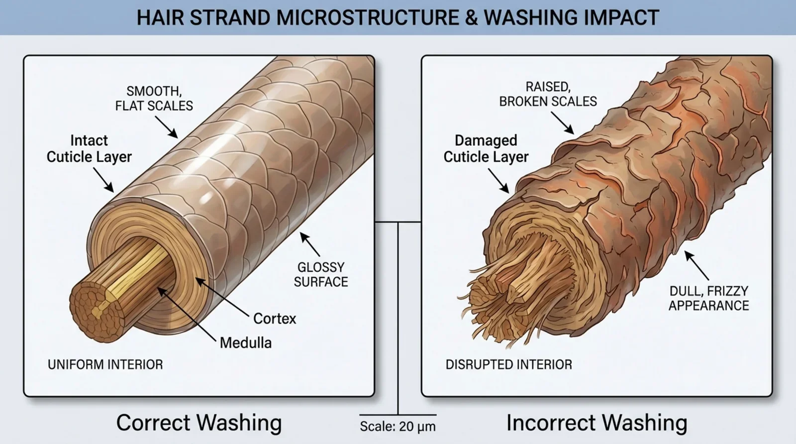 A split-panel diagram comparing healthy shiny hair with smooth cuticle to damaged dull frizzy hair with broken cuticle.