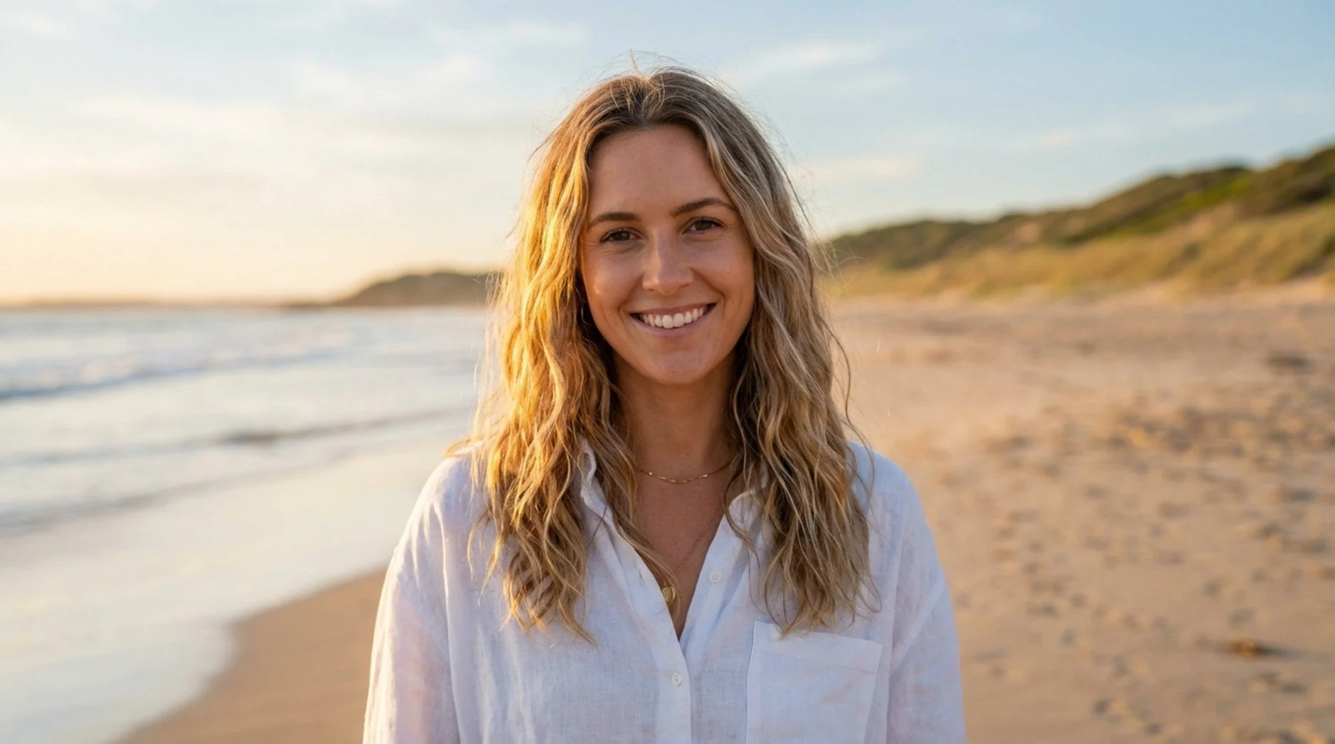 A smiling Australian woman outdoors with vibrant, well-maintained sun-kissed hair representing healthy hair care.