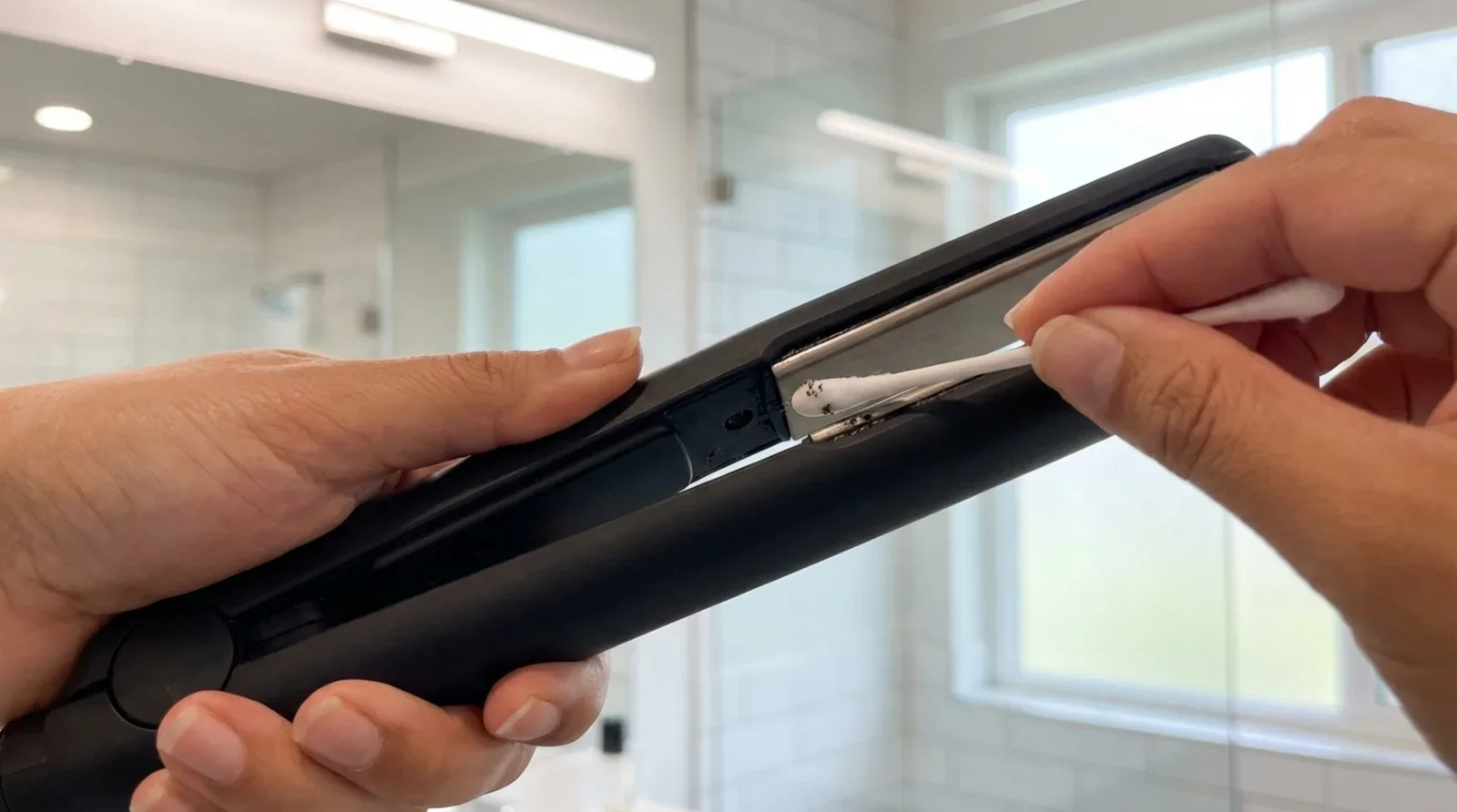 Hands cleaning the edges of a hair straightener with a cotton bud to remove grime in a well-lit bathroom.