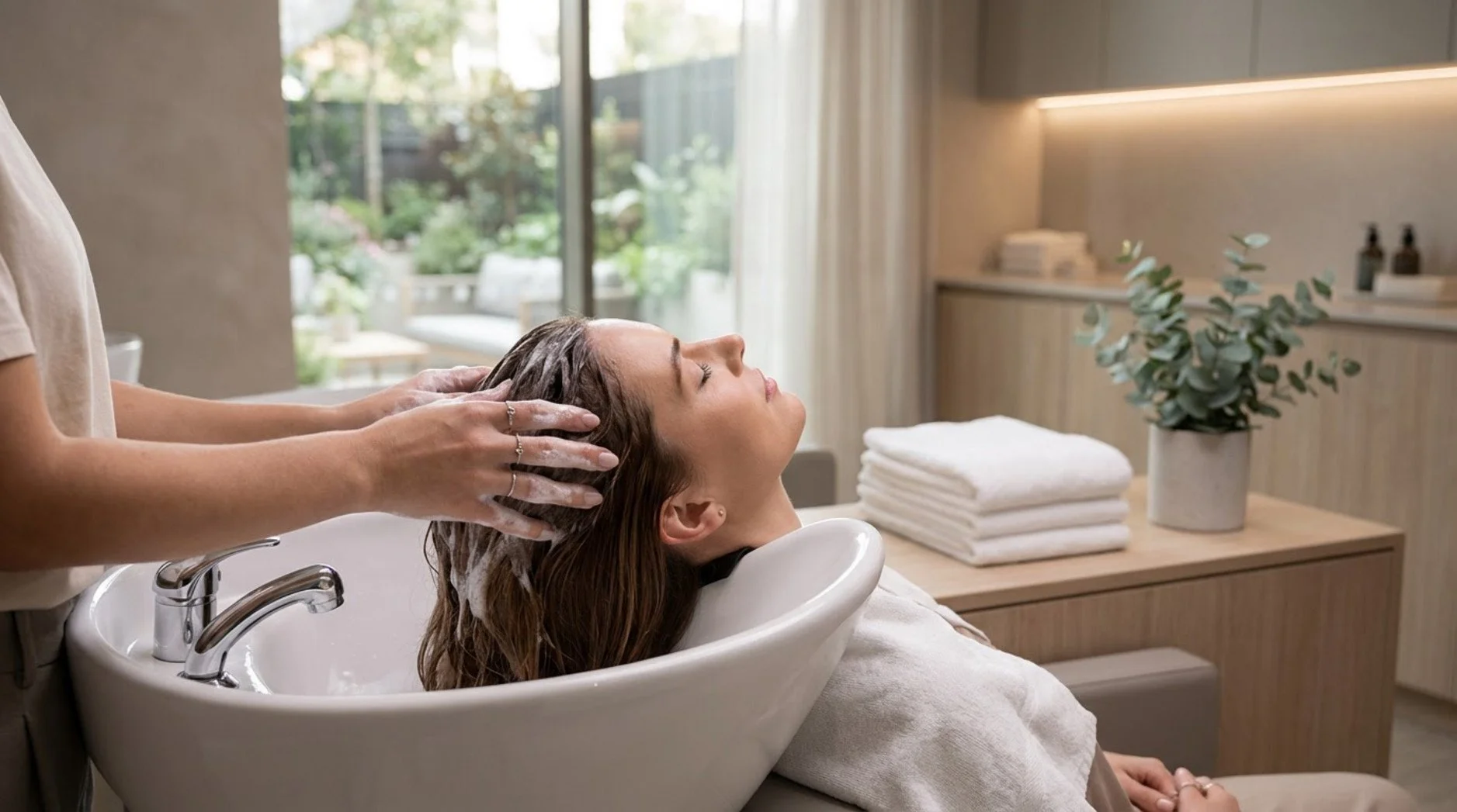 A woman relaxing at a high-end hair salon wash station with a stylist massaging her scalp in a luxurious setting.