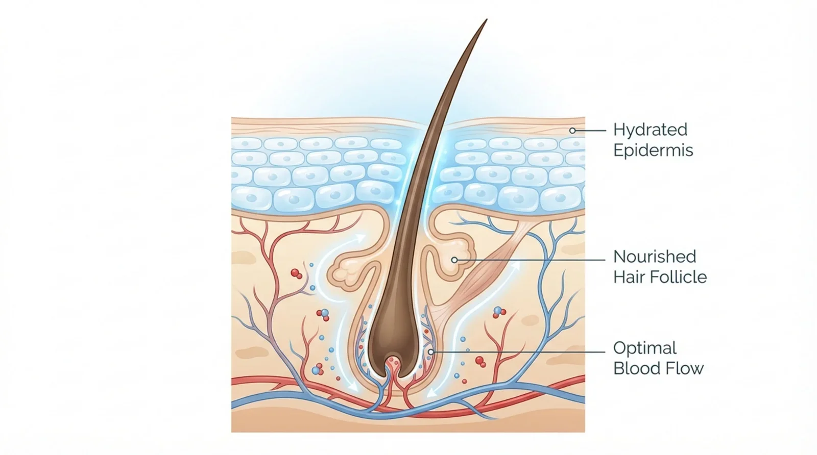A scientific diagram showing a cross-section of a healthy hydrated scalp with a strong hair follicle and emerging hair shaft, labeled with key elements.