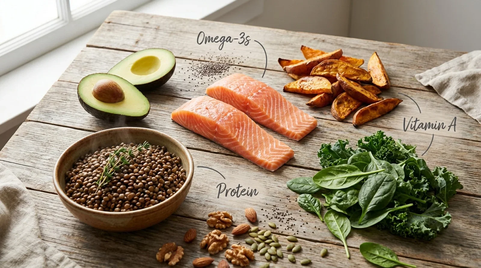 Flat-lay of foods supporting hair health in winter including salmon avocados lentils sweet potatoes greens and nuts on a rustic background.