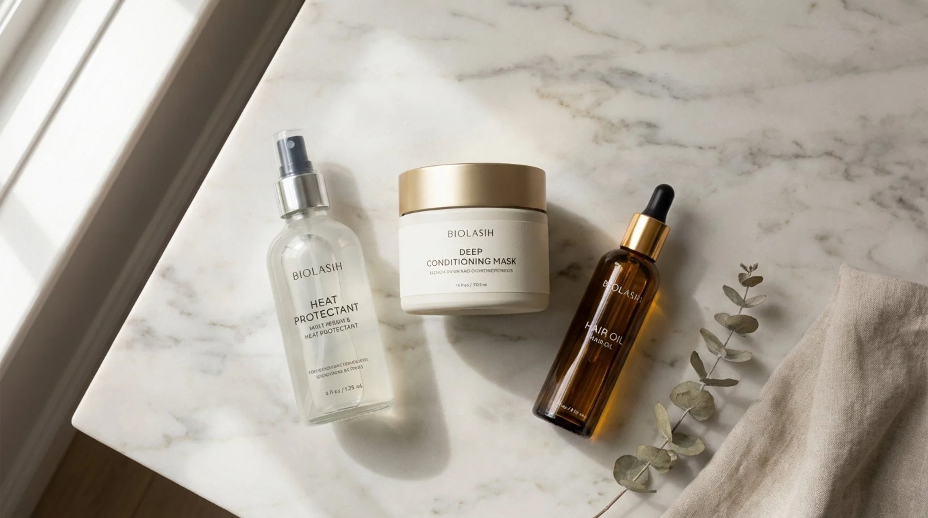 A flat lay of luxurious hair care products arranged on a marble surface for an appealing beauty aesthetic.