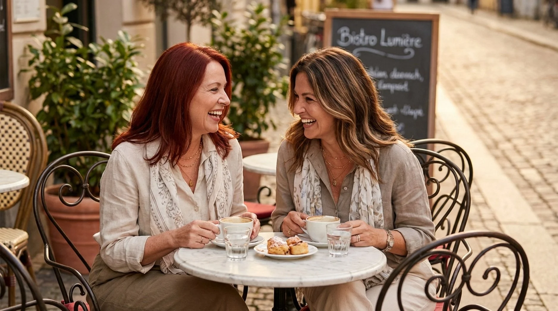 Two happy women in their 40s or 50s sitting at an outdoor cafe, showcasing different hair coloring styles that boost confidence.