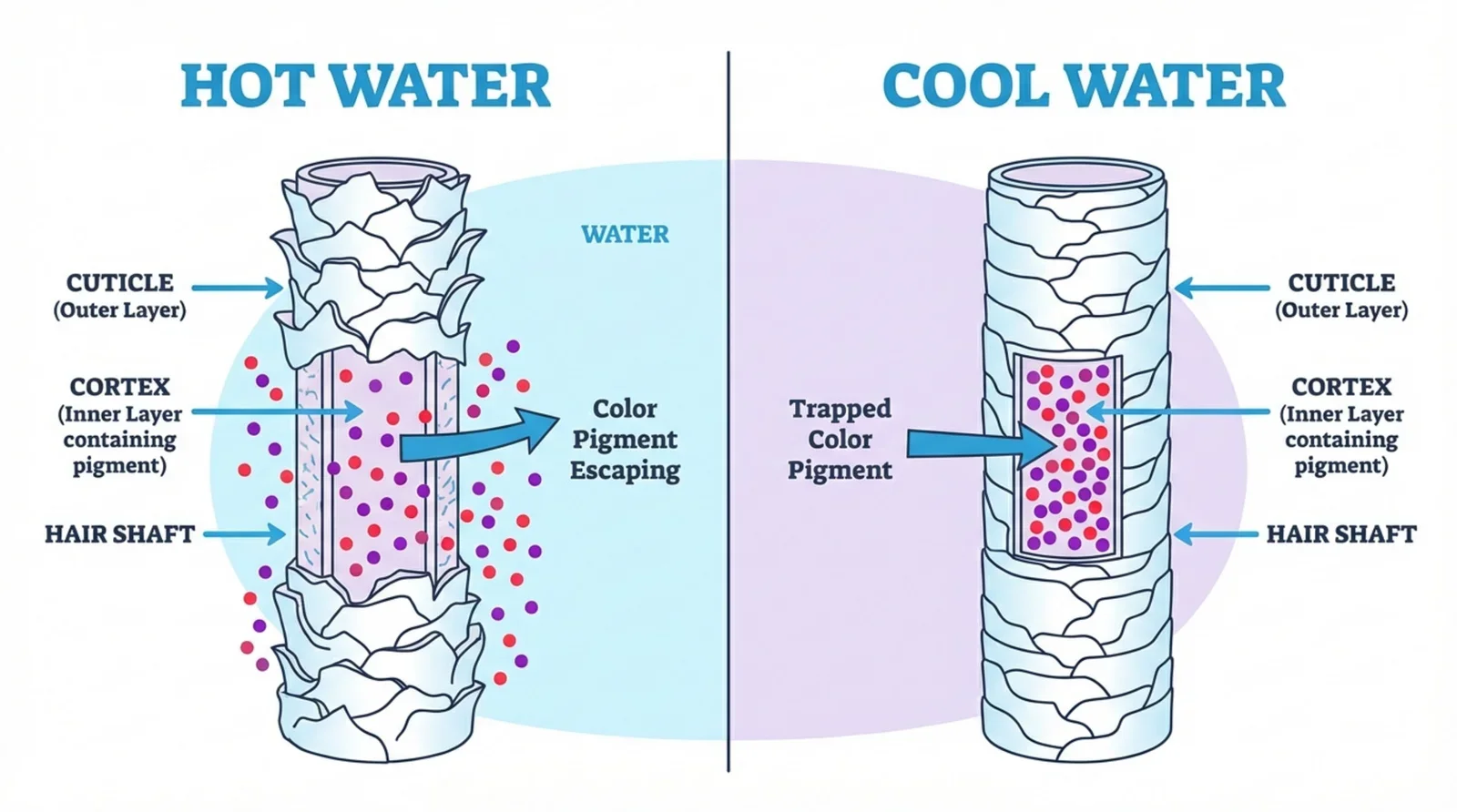 A diagram illustrating a hair strand cross-section showing lifted cuticle scales with hot water and sealed scales with cool water.
