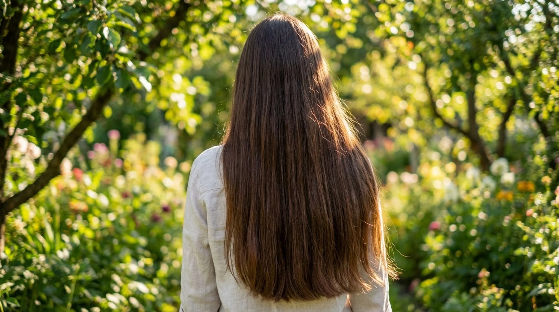 A woman with long shiny dark brown hair flowing down her back in a lush garden setting.