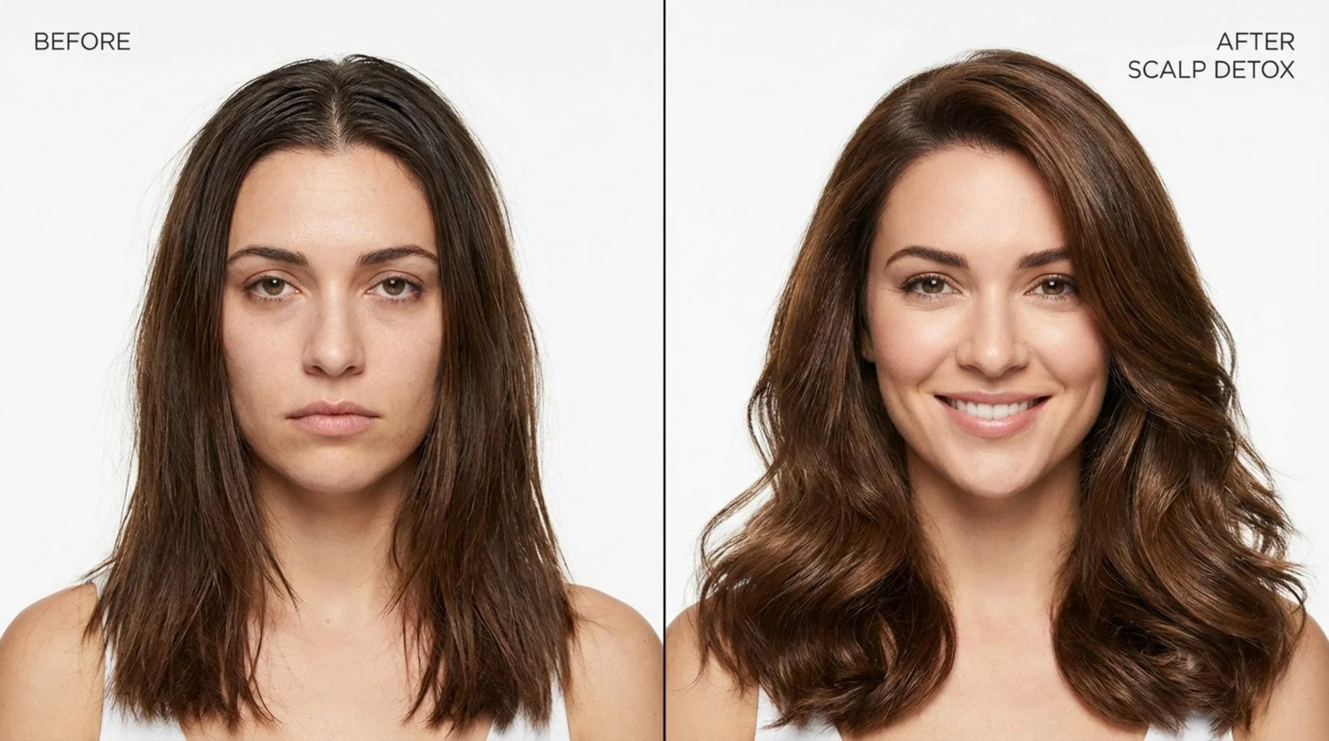 A conceptual split-screen showing dull, weighed-down hair on one side and vibrant, voluminous hair on the other illustrating a scalp detox transformation.