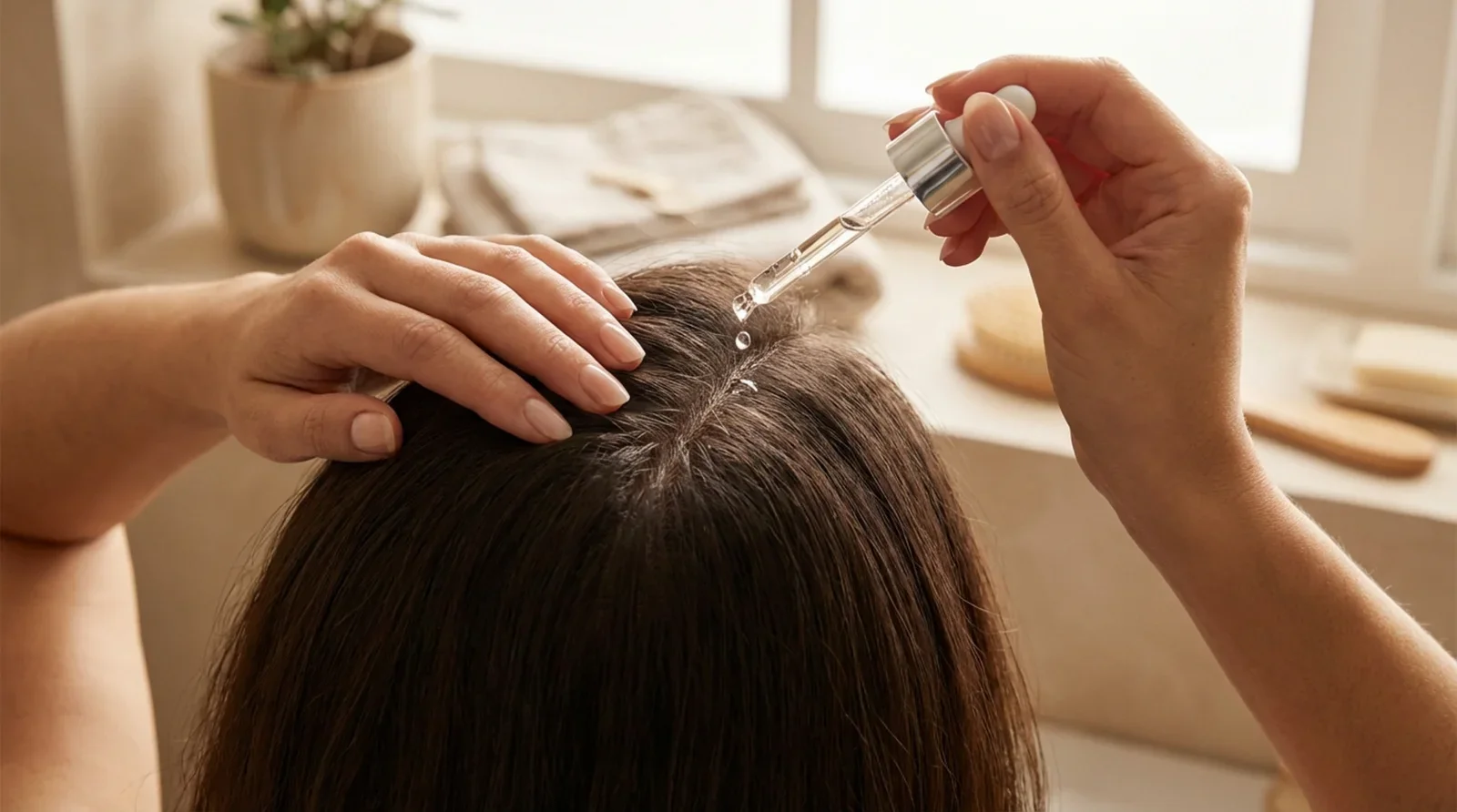 A person applies scalp serum using a dropper, focusing on hands parting hair in a calm, relaxing setting.