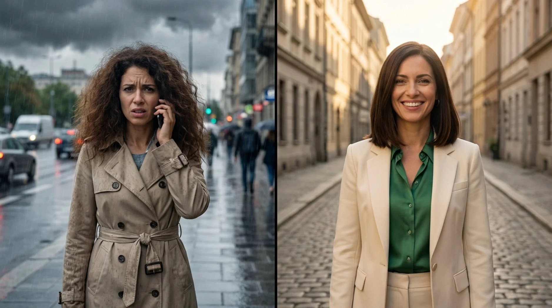 A split-screen image showing a woman frustrated with frizzy hair on a rainy day and confidently smiling with a sleek, humidity-proof hairstyle.