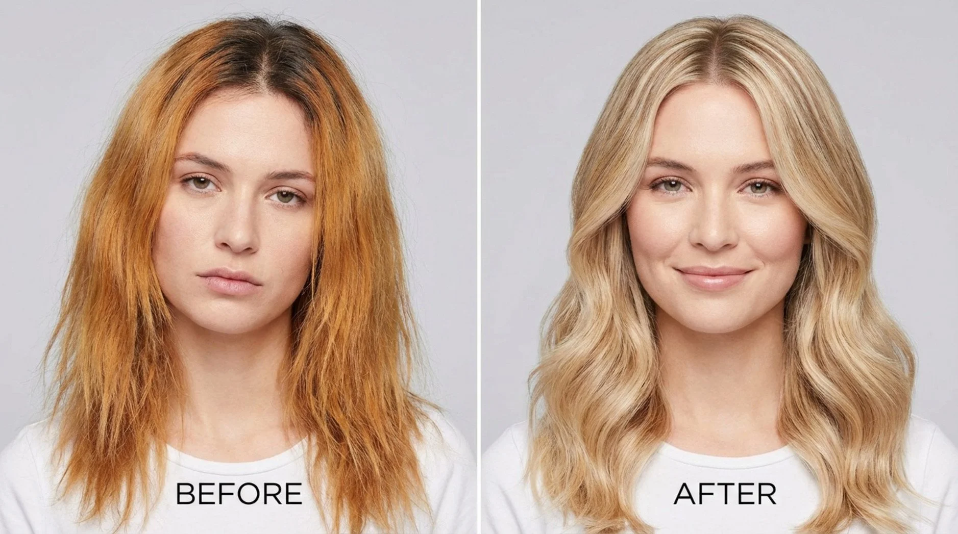Split-screen showing damaged uneven hair on one side and healthy shiny blonde hair on the other side demonstrating a hair transformation.
