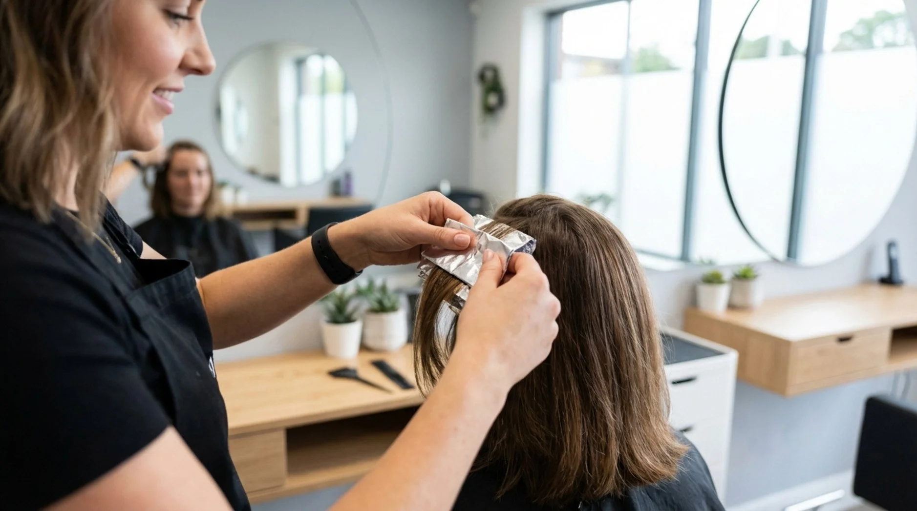 A hairstylist carefully applying foils to a client's hair in a modern salon, emphasizing precision and expertise.