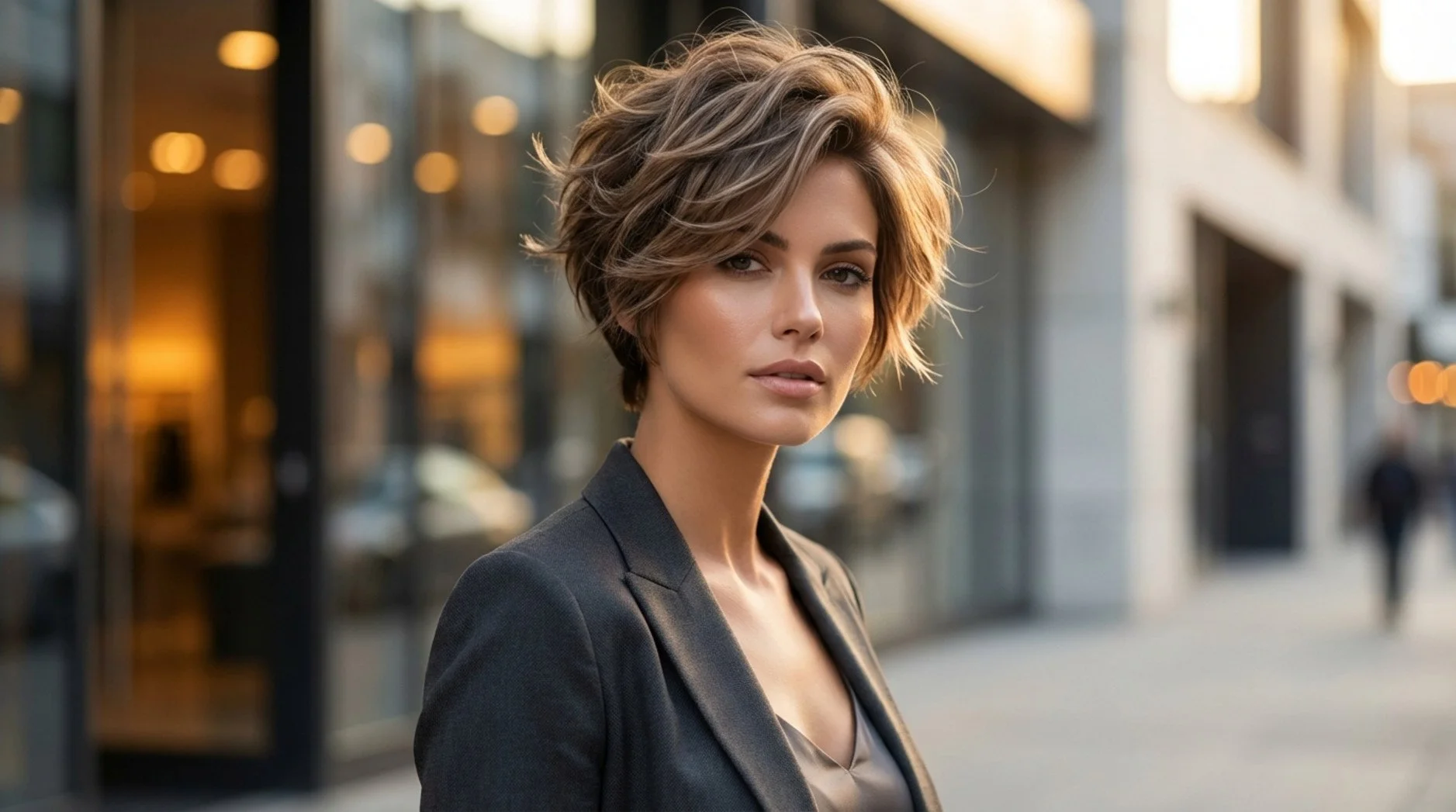 A confident woman with a modern layered pixie cut showcasing stylish textured hair in an urban setting.