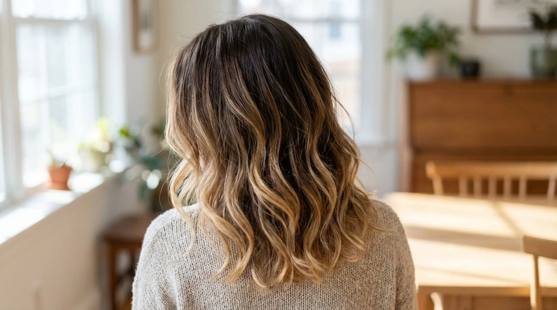 A realistic photo of the back of a woman's hair showing a soft balayage grow-out with a smooth transition from dark roots to sun-kissed ends.