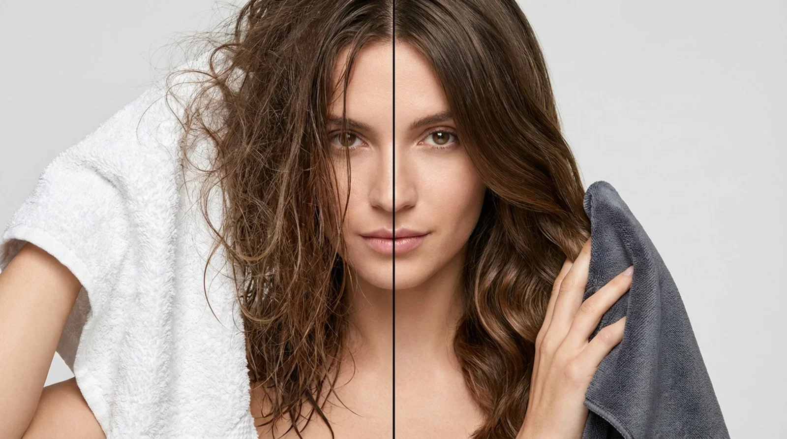 Comparison of aggressive towel drying causing frizz and damage versus gentle microfiber drying preserving hair smoothness.