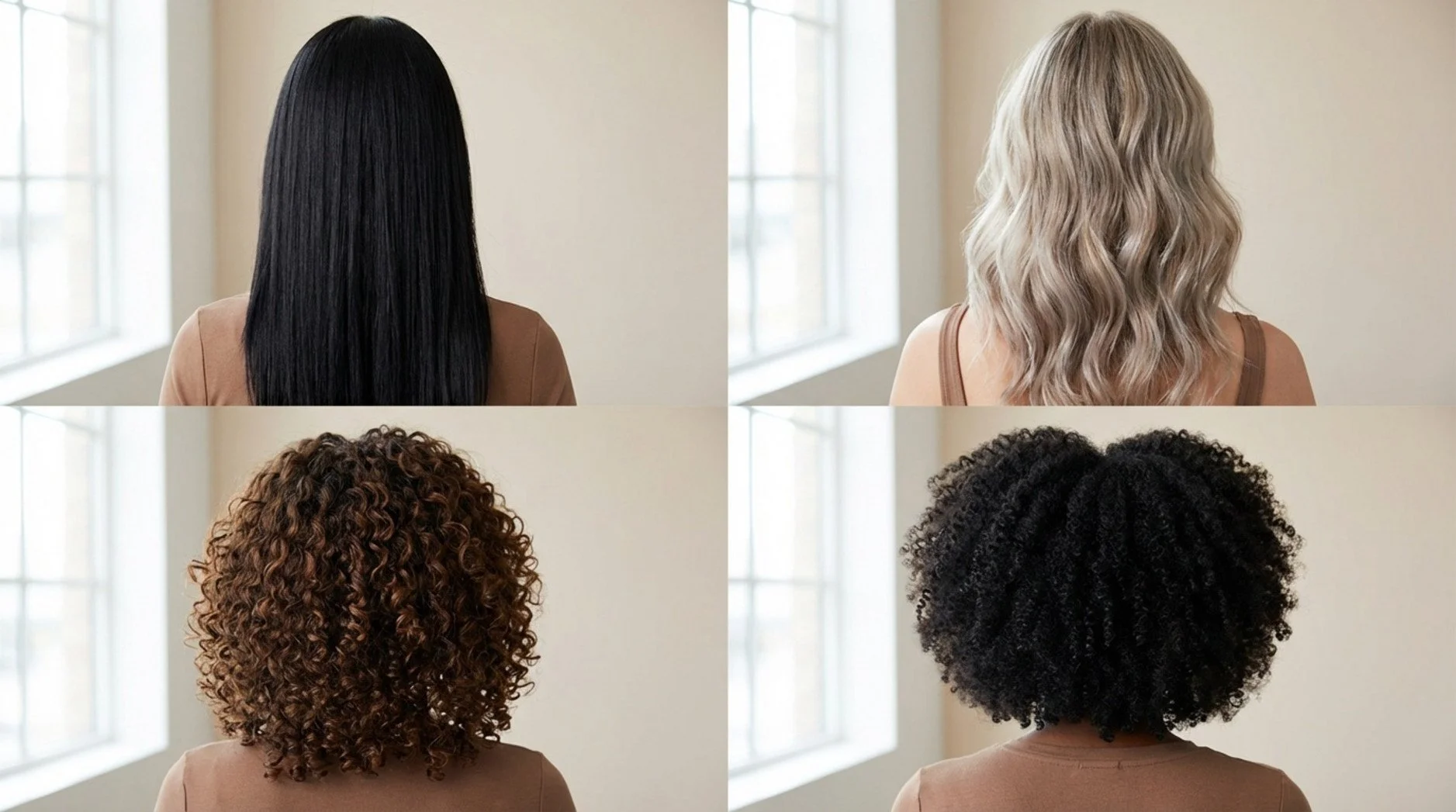 Photo collage showcasing four women with different healthy hair textures including straight, wavy, curly, and coily hair.