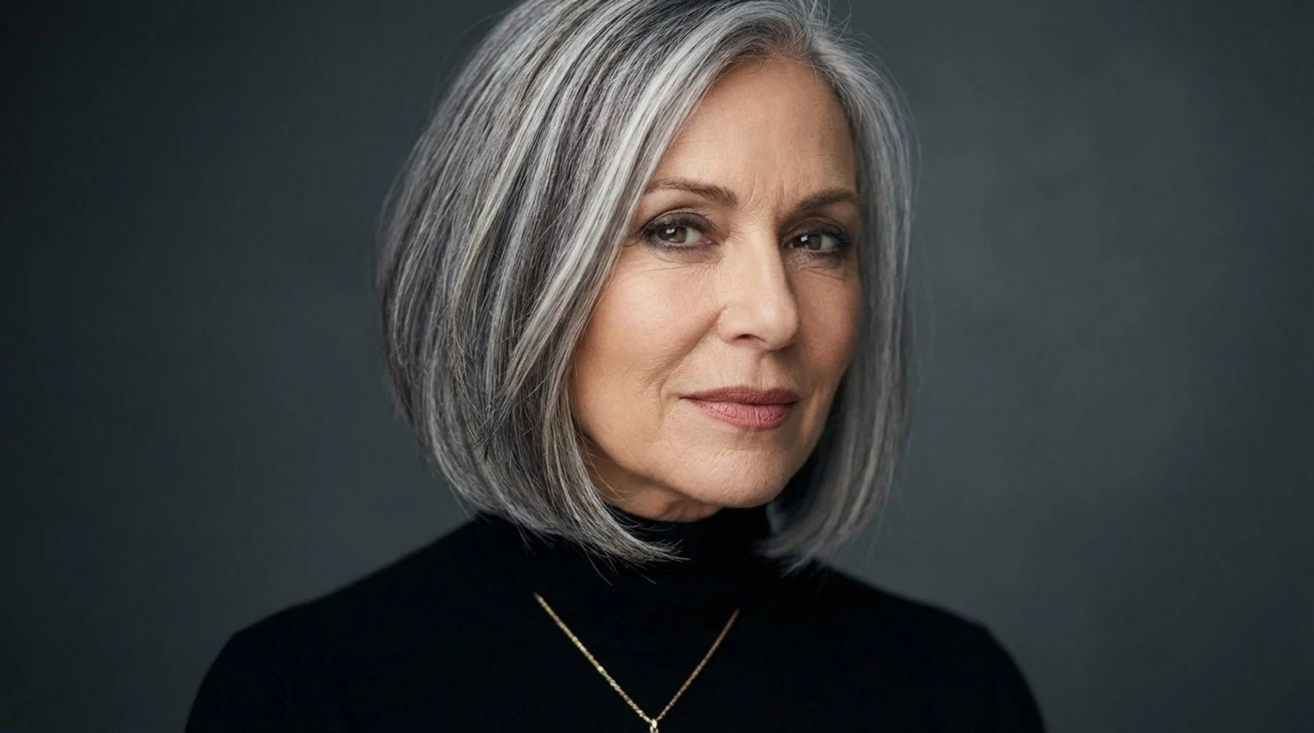 A confident mature woman with stylishly cut grey hair featuring a modern grey blending technique.