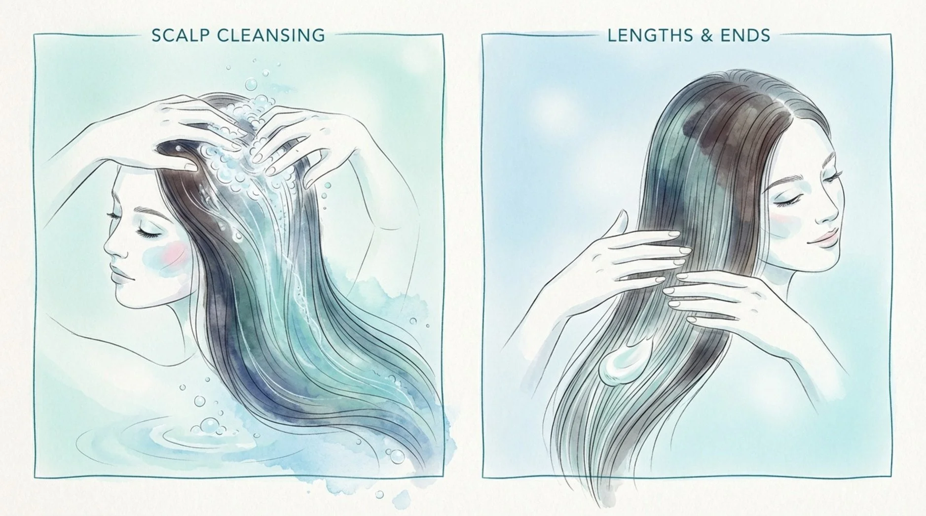 Minimalist illustration showing proper long hair washing techniques with gentle shampooing at the scalp and conditioner application on mid-lengths and ends.
