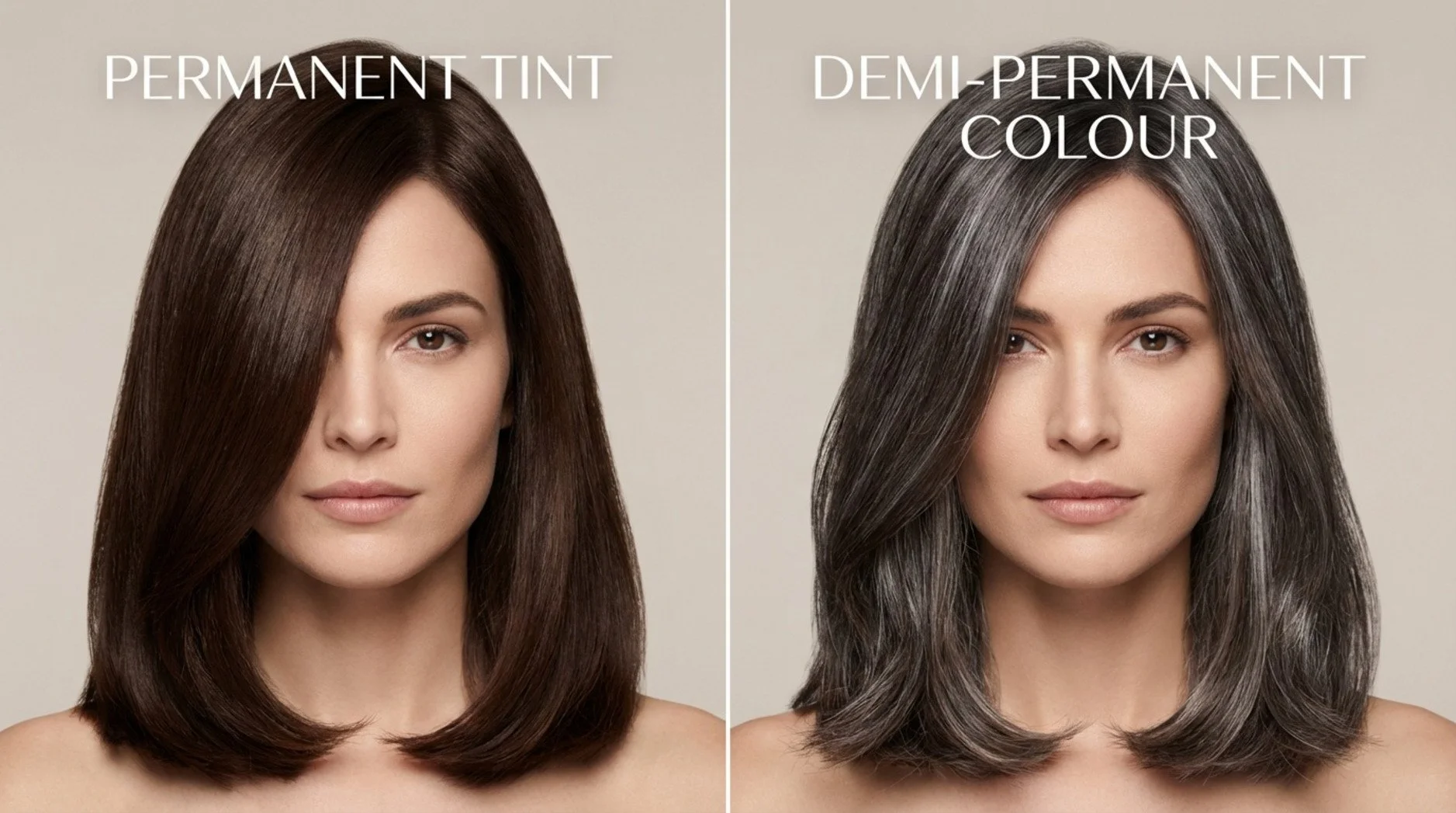 Split-screen comparison of hair coloring results showing a woman with grey hair. One side displays a polished dark brown with full grey coverage, the other side shows subtle shimmering highlights with demi-permanent color.