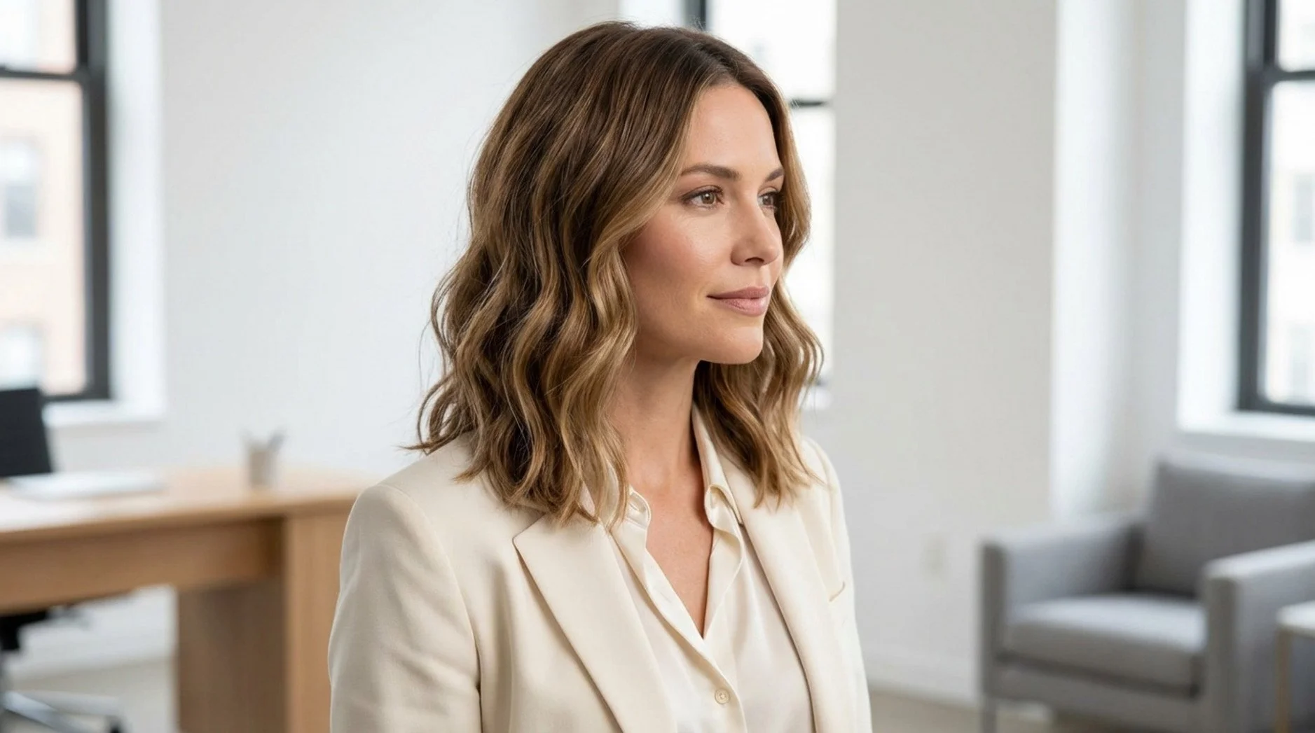 A woman with a textured long bob hairstyle in a modern office setting showcasing a polished professional look.