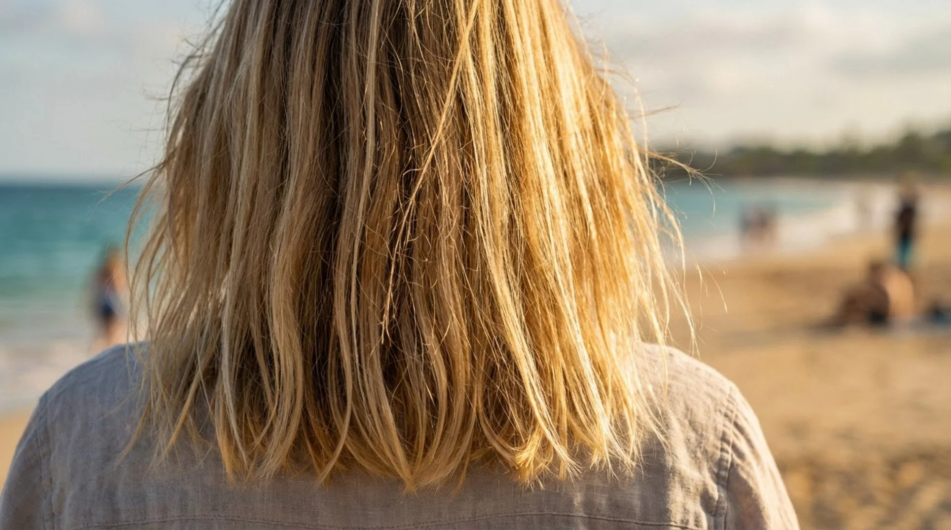 Close-up of a woman's blonde hair showing summer sun effects, with dry, faded strands and subtle highlights.