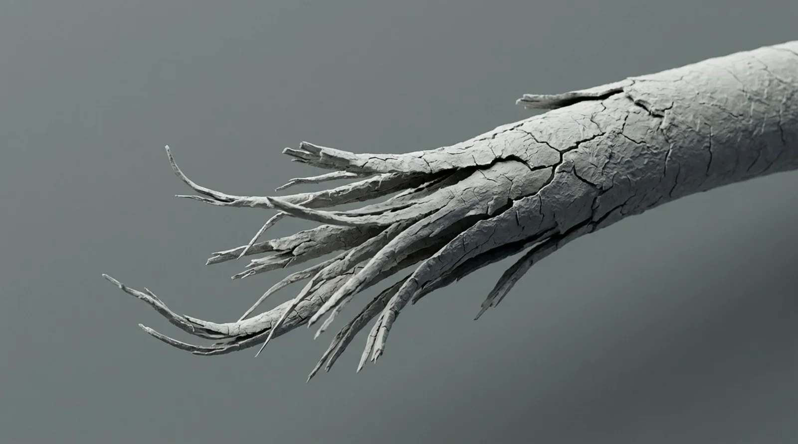 Close-up of a dry and brittle hair strand with split ends, highlighting damage from overuse of drying products.