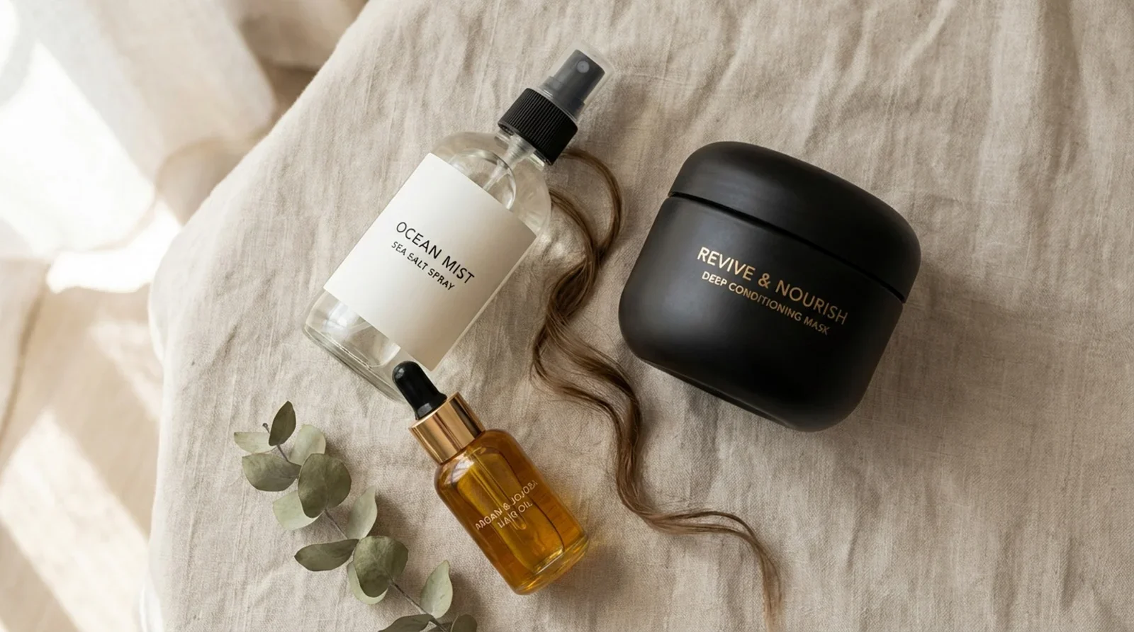 Flat lay of hair styling and nourishing products on a light surface showing a sea salt spray, hair mask, and hair oil for healthy hair care.