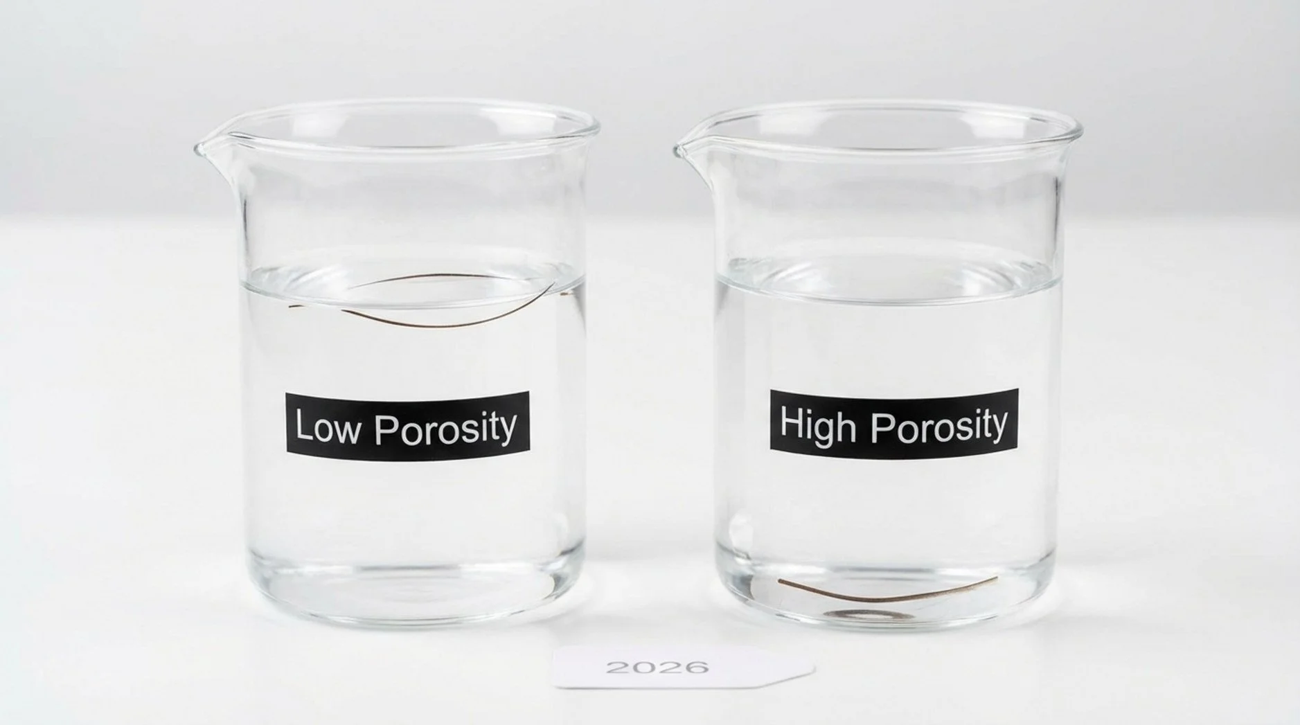 Educational photograph demonstrating the hair porosity test with two glasses showing different hair strand positions.