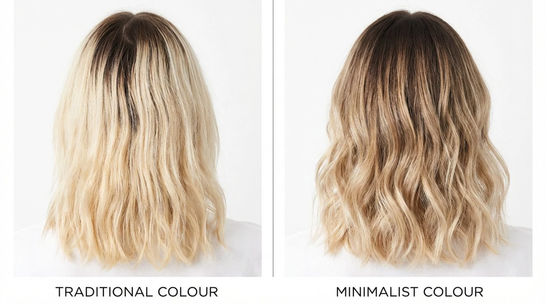 Comparison of traditional hair colouring with visible roots and minimalist colour with seamless blending.