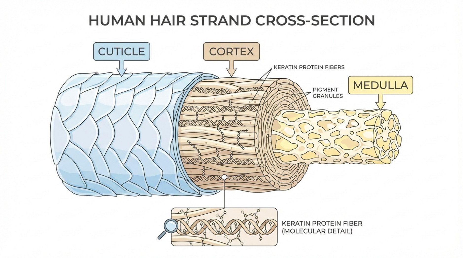 Educational infographic illustrating a cross-section of a hair strand with labeled layers including cuticle cortex and medulla.
