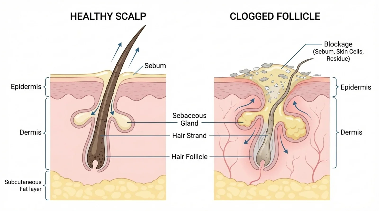 An infographic showing a skin cross-section with an overactive sebaceous gland producing excess sebum that collects around the hair root, illustrating sebum buildup and dry hair end.