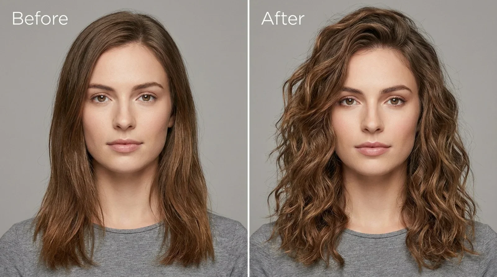 Comparison of woman's hair before and after using sea salt spray showing increased waves and volume.