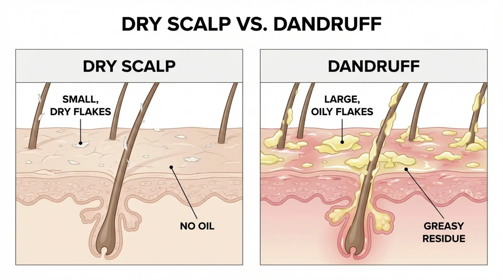 Comparison infographic showing dry scalp with small white flakes and dandruff with larger oily flakes.