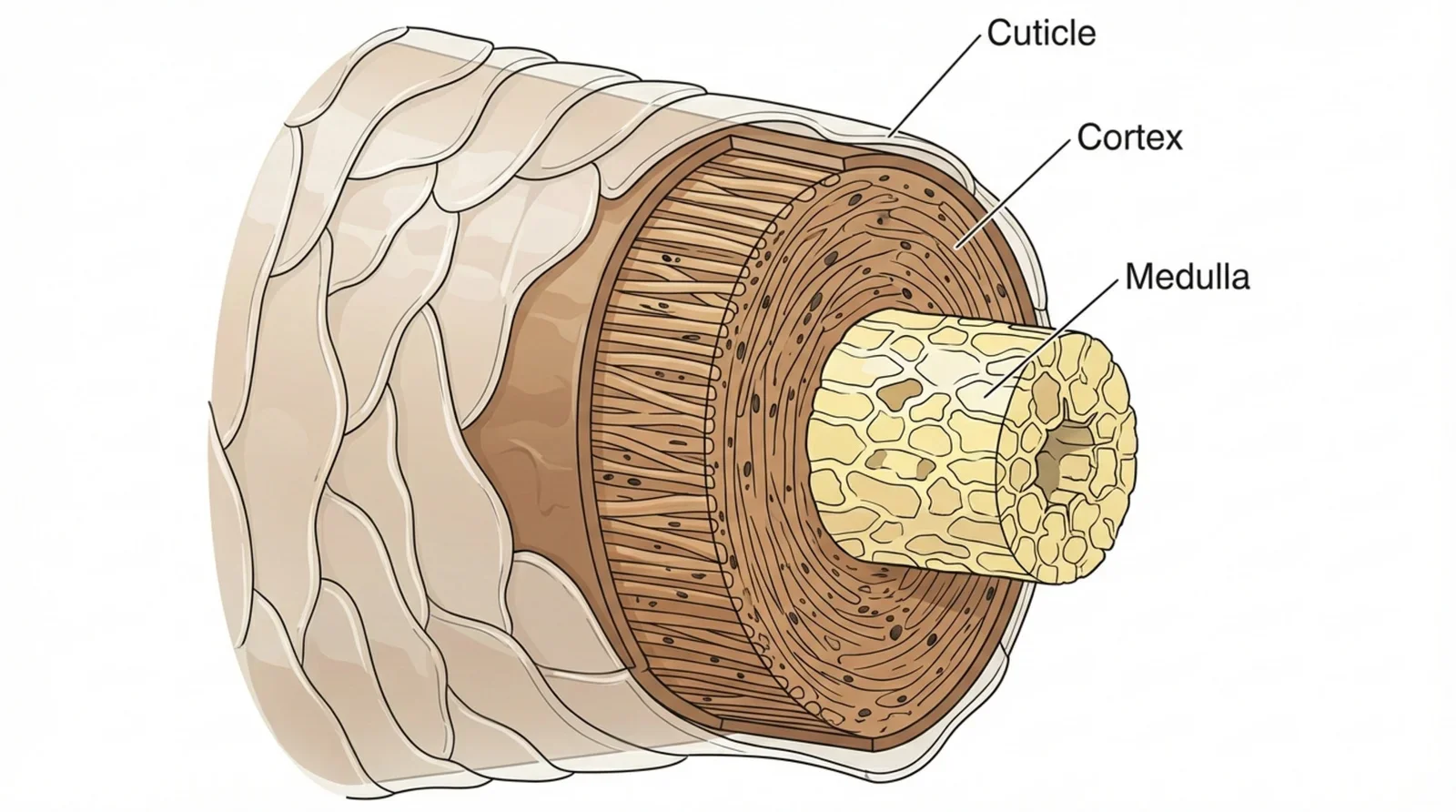 Detailed scientific diagram of a hair strand cross-section showing labeled layers including cuticle cortex and medulla.