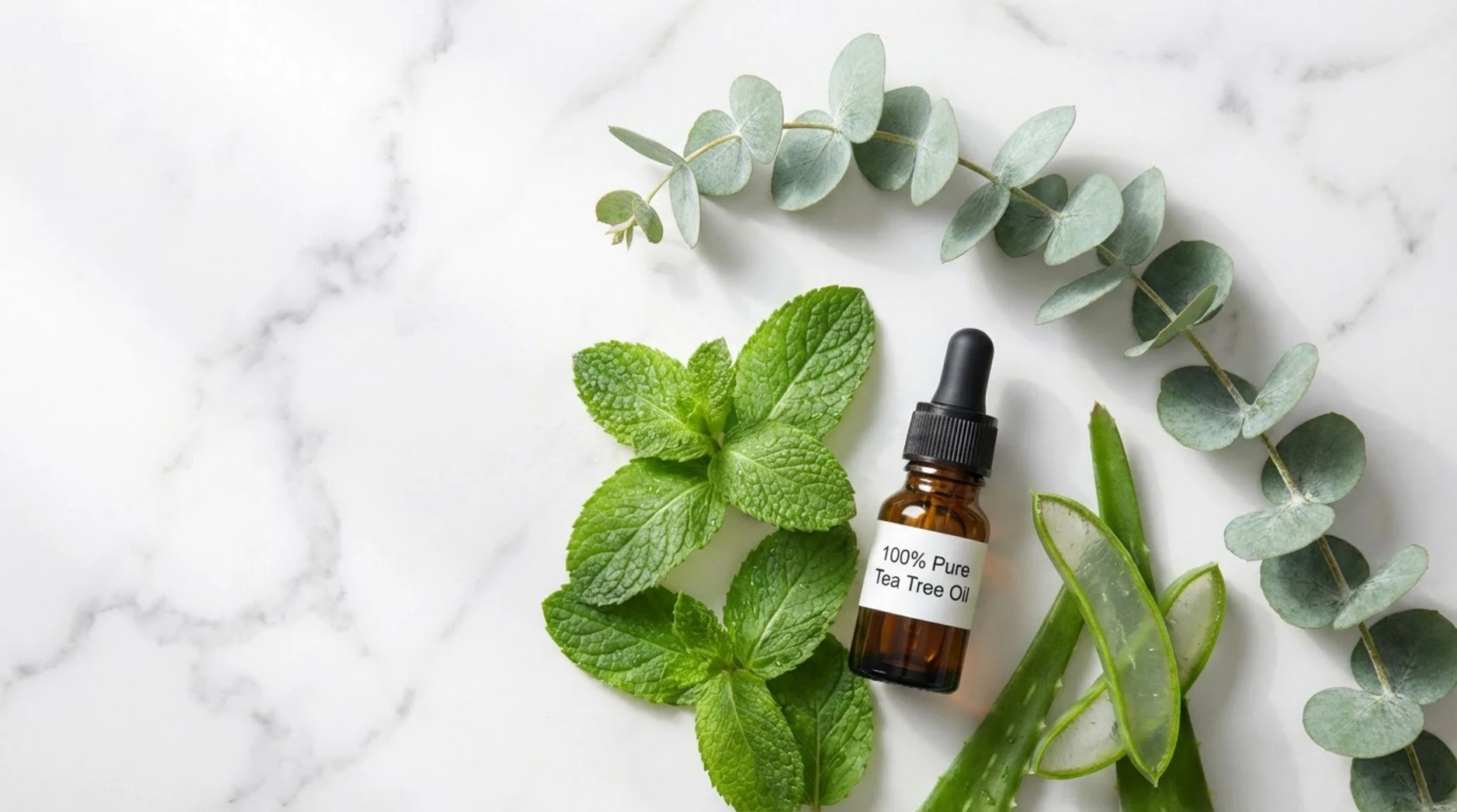 Flat lay of fresh peppermint, eucalyptus, tea tree oil, and aloe vera on white marble background showcasing natural purity.