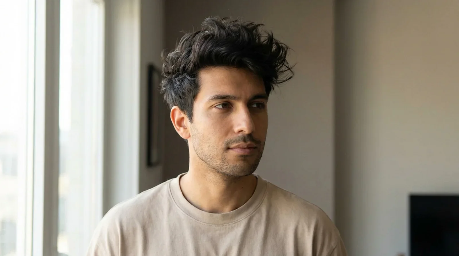 Close-up portrait of a man with a modern messy quiff hairstyle showcasing textured matte finish and natural lighting.