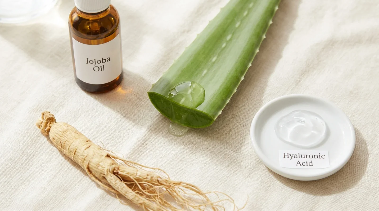 Flat lay of key hydrating ingredients including Aloe Vera gel Jojoba Oil Ginseng root and Hyaluronic Acid gel arranged elegantly on a light surface.