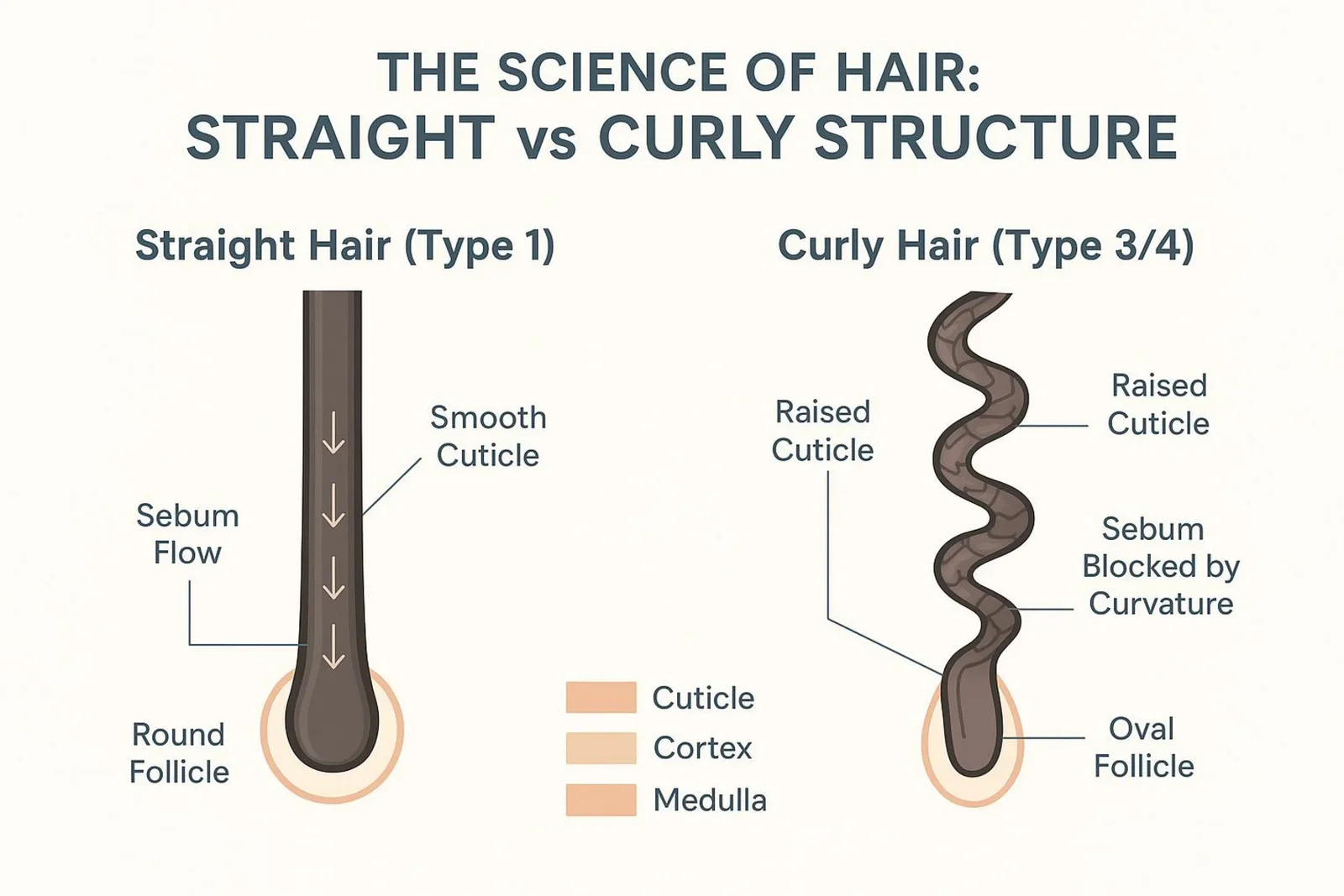 Diagram comparing straight and curly hair strands showing follicle shapes, cuticle details, and sebum movement differences.