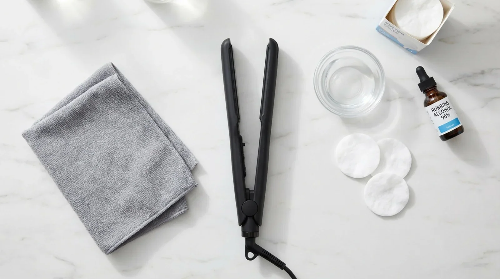 Top-down view of items needed to clean a hair straightener on a white marble surface including a straightener, microfiber cloth, alcohol, and cotton pads.