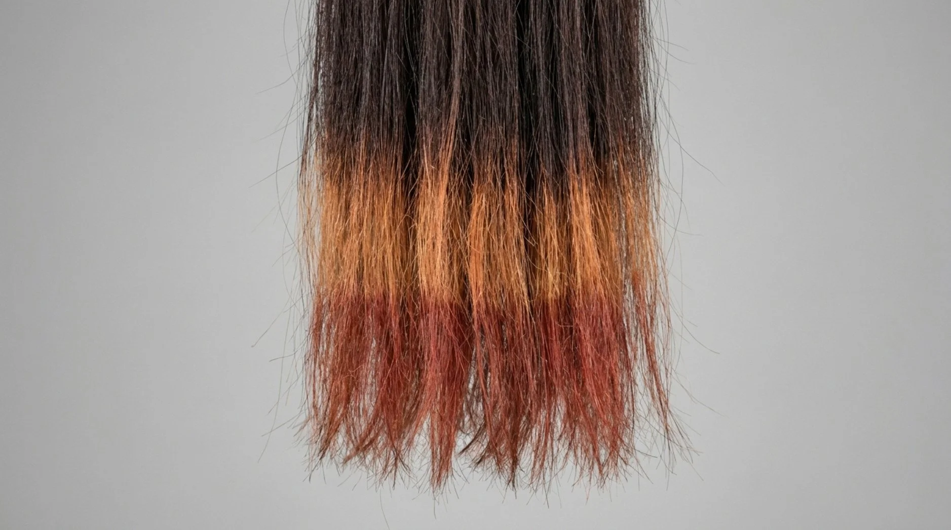 Close-up of long dark hair showing colour banding with horizontal stripes of dark brown, copper, and red shades.