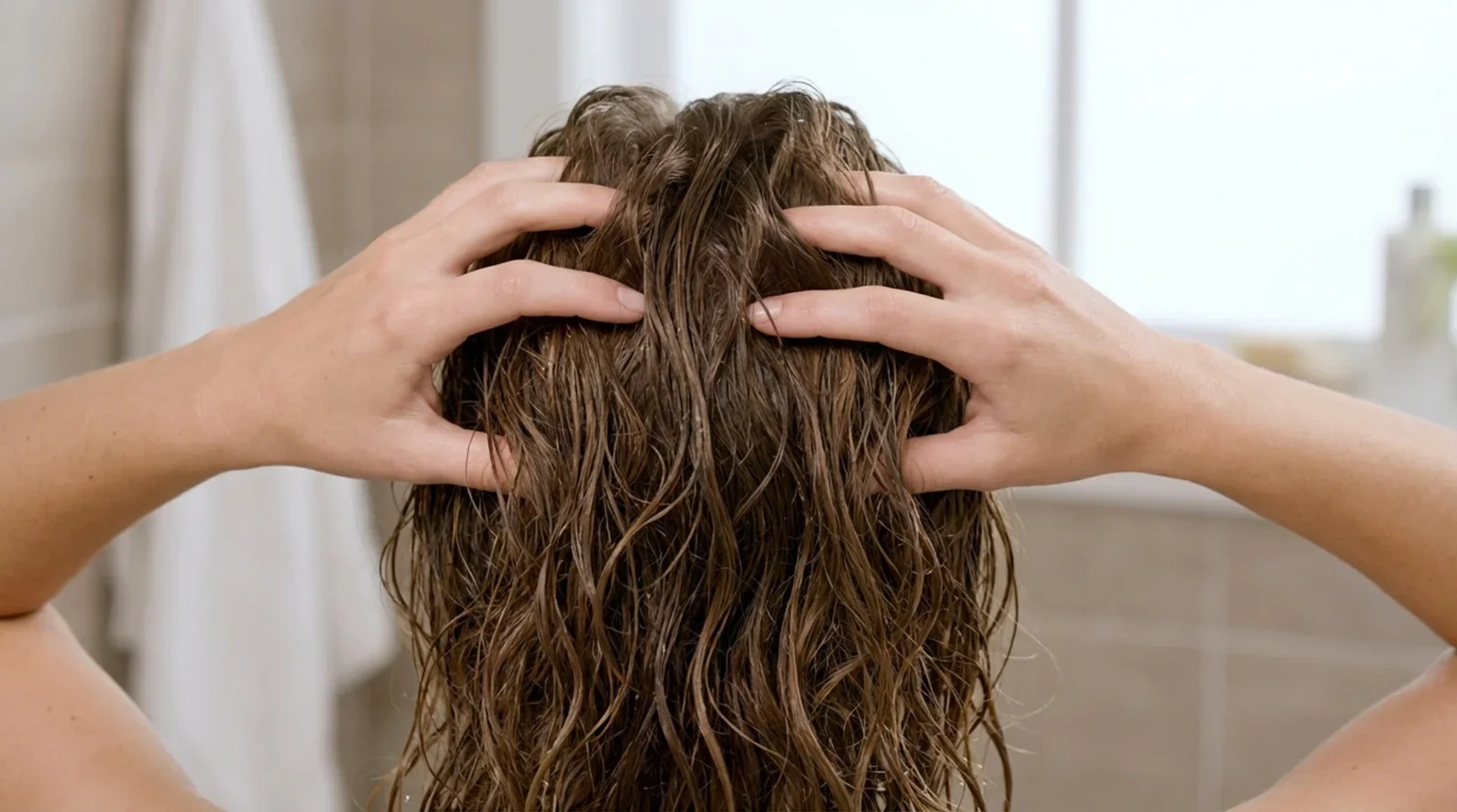 Demonstration of hands scrunching damp wavy hair to create texture using the scrunch and tousle method.