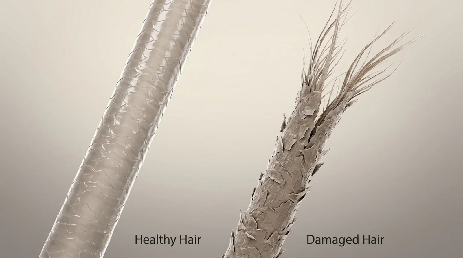 A detailed illustration comparing a healthy smooth hair strand with a damaged frayed one showing split ends, highlighting hair health.