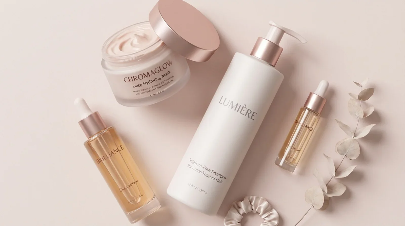 A flat lay of modern hair care products for colored hair on a minimalist pale pink background, including a conditioning mask, sulfate-free shampoo, and hair serum.