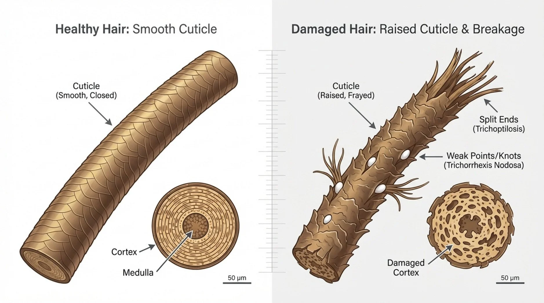 Split-screen infographic showing healthy and damaged hair strands with detailed cuticle conditions