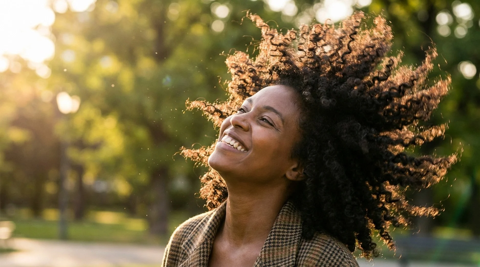 A woman with lively curls tossing her head back outdoors, showcasing the bounce and vitality of her hair.