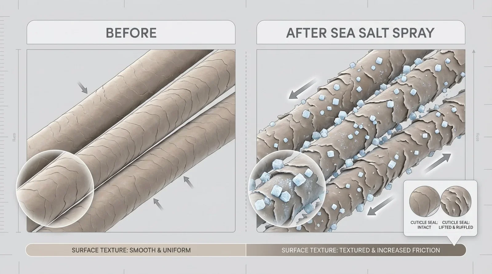 Microscopic view showing hair strands before and after sea salt spray application, highlighting increased volume and texture.