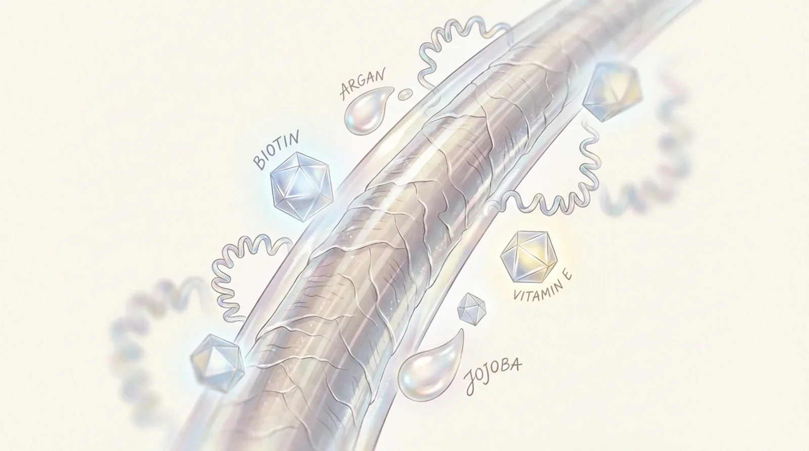 An artistic illustration showing a hair strand coated with beneficial ingredients forming a protective glossy layer.